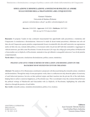 Valentino G. (2021). Simulazione e dissimulazione a sostegno di politica e amore sullo sfondo della trattatistica del Cinquecento.